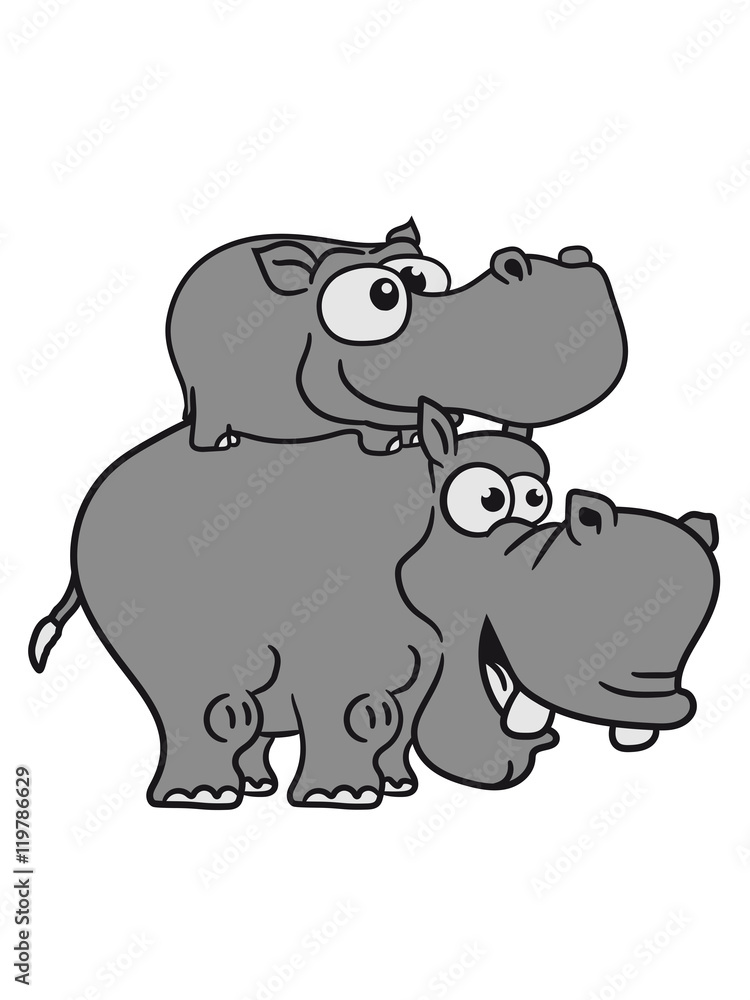 Fototapeta premium papa mama family fun outing piggyback laughing funny comic cartoon design sweet little cute baby hippo happy child