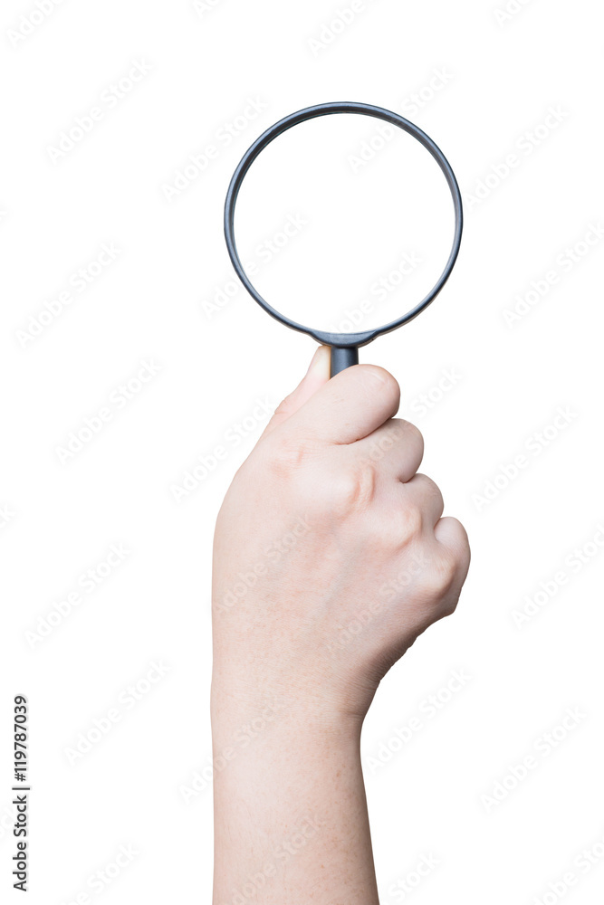 Female hand with magnifying glass isolated on white Female hand with magnifying glass isolated on white