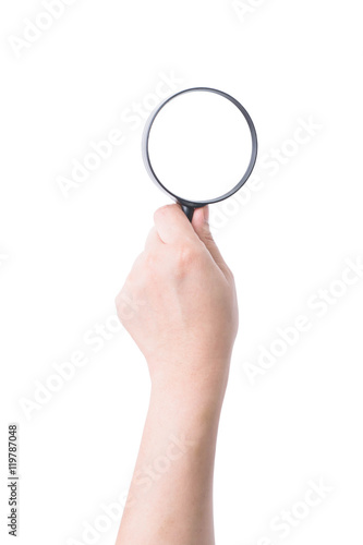 Female hand with magnifying glass isolated on white