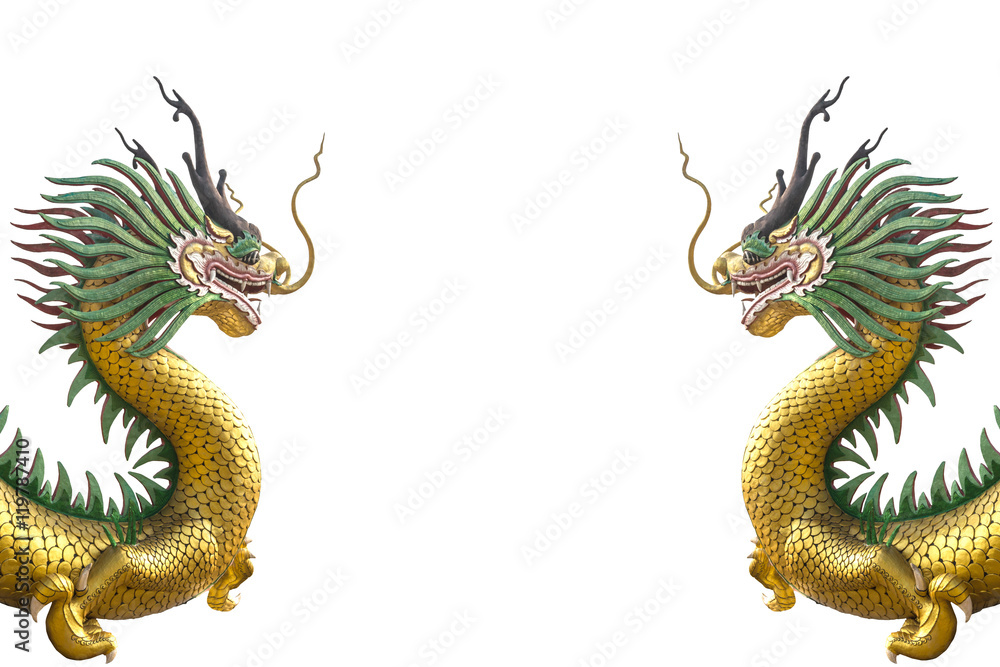 Fototapeta premium Golden dragon statue on white background