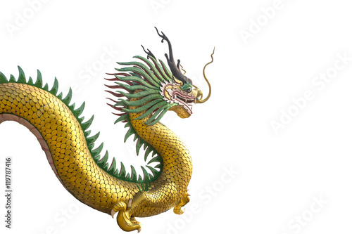 Golden dragon statue on white background © chanyutcb