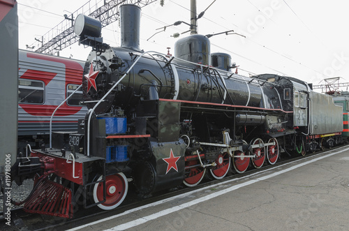 Ulan-Ude, RUSSIA - July, 16 2014: Old vintage steam locomotive Ea series on the platform of Ulan-Ude station, Russia