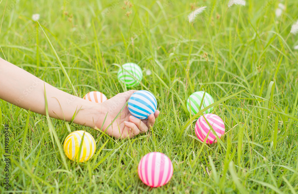 Fototapeta premium Close up young woman playing ball in the garden.Close up young woman playing colorful plastic balls for kid activity.