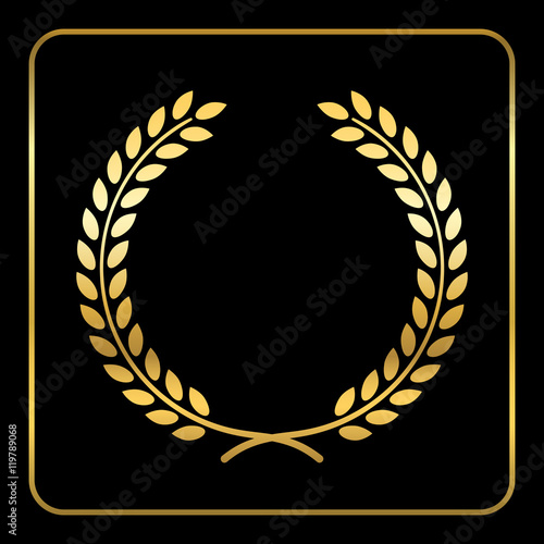 Gold laurel wreath. Symbol of victory and achievement. Design element for decoration of medal, award, coat of arms or anniversary logo. Golden leaf silhouette on black background. Vector illustration.