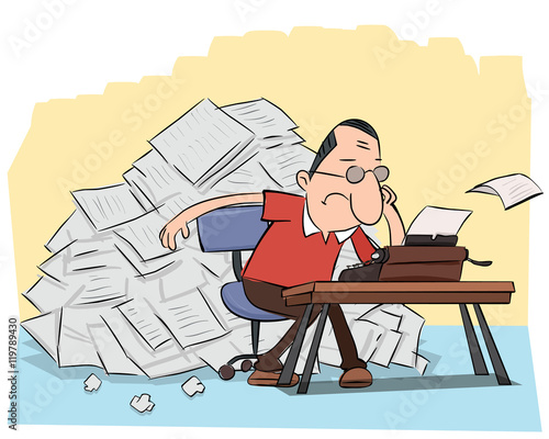 writer with pile of paper.