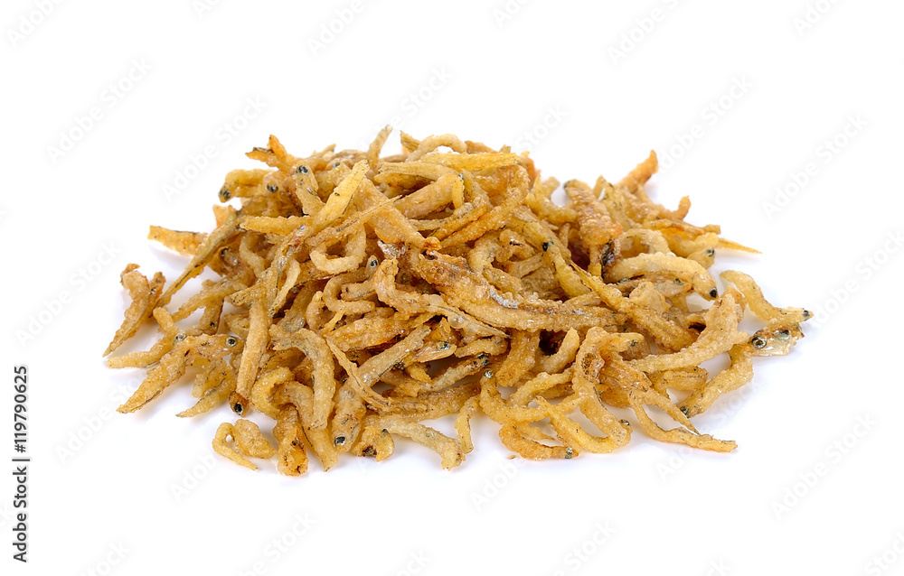 Tiny dried fish isolated on white background