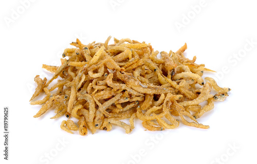 Tiny dried fish isolated on white background