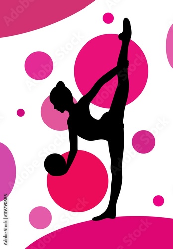 Silhouette of girl doing rhythmic gymnastics exercises with ball over abstract background