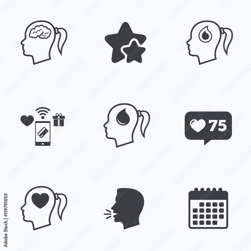 Head with brain icon.Female woman symbols. Head with brain icon.Female woman symbols.
