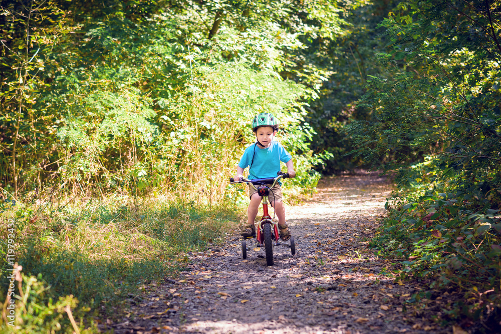 Obraz premium Child riding a bicycle. Kid in a helmet riding a bike in the forest. Beautiful baby. Toned image.