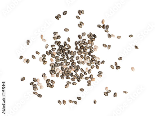 Chia seeds spread out on white background seen from above