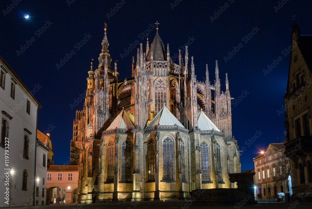 Prague Castle Cathedral Saint St Vitus rear back facade choir spire rosette by night Prague Castle Cathedral Saint St Vitus rear back facade choir spire rosette by night