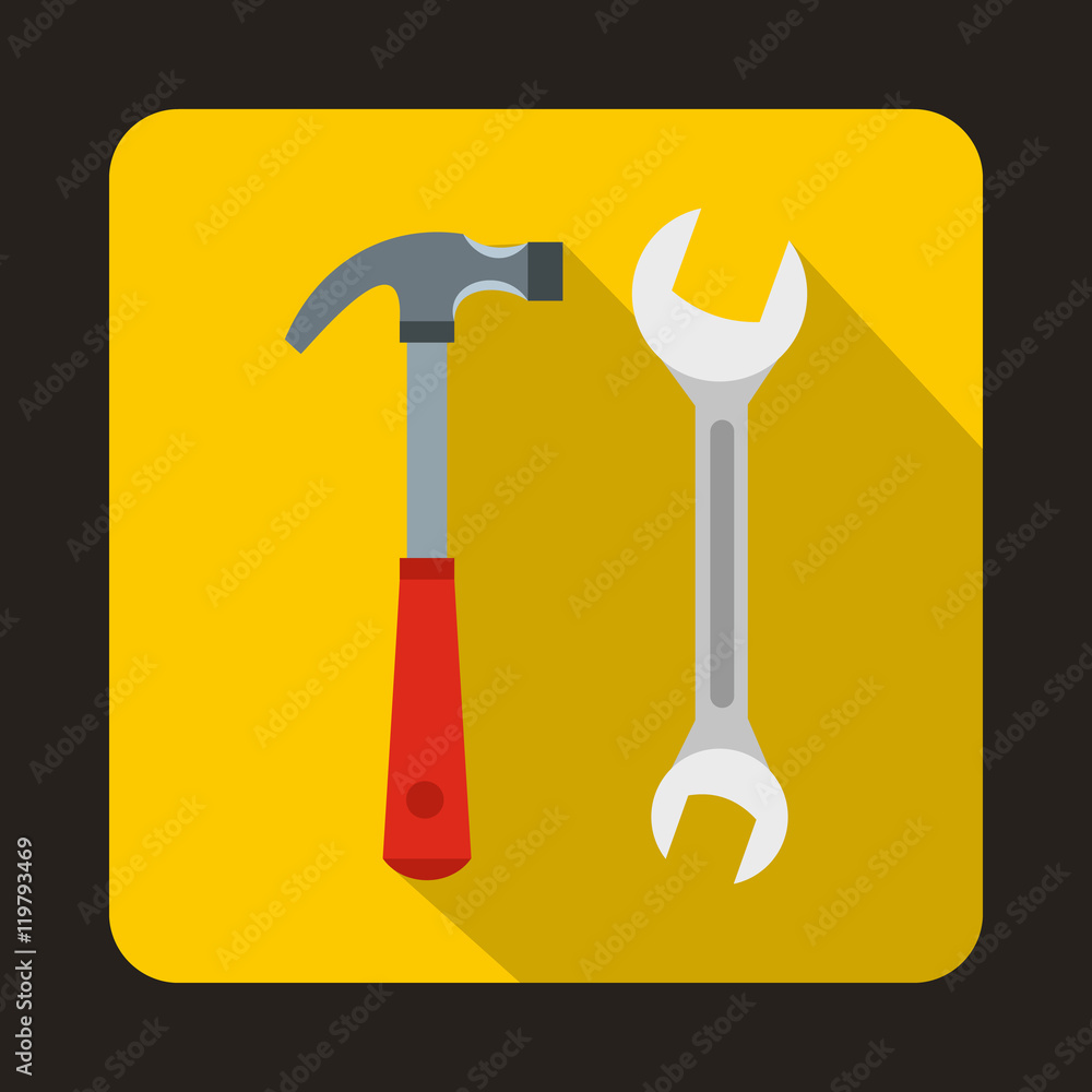 Hammer and wrench icon in flat style isolated with long shadow Hammer and wrench icon in flat style isolated with long shadow