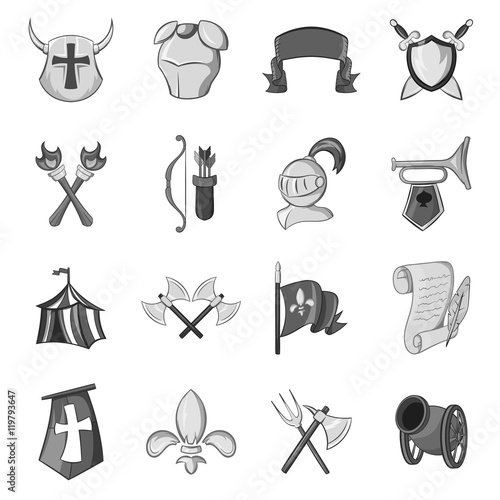 Knight icons set in black monochrome style. Medieval armor set collection vector illustration