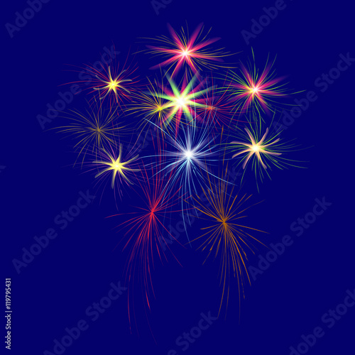 Festive  large  multi-colored fireworks on a blue background illustration.