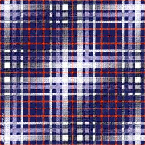 Seamless tartan plaid pattern. Stripes of red, lavender violet and white twill on navy blue background. 