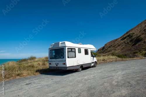Motorhome or campervan parking by the coast of Kaikoura in South