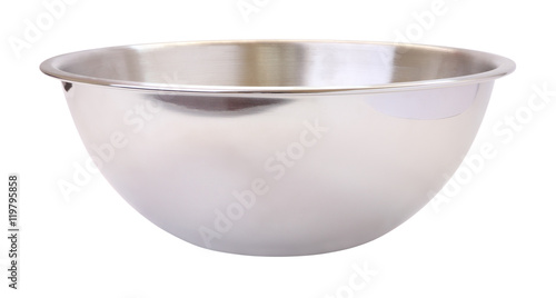 Side stainless steel mixing bowl on white background.