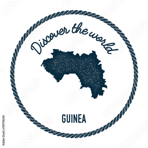 Vintage discover the world rubber stamp with Guinea map. Hipster style nautical postage stamp, with round rope border. Vector illustration.