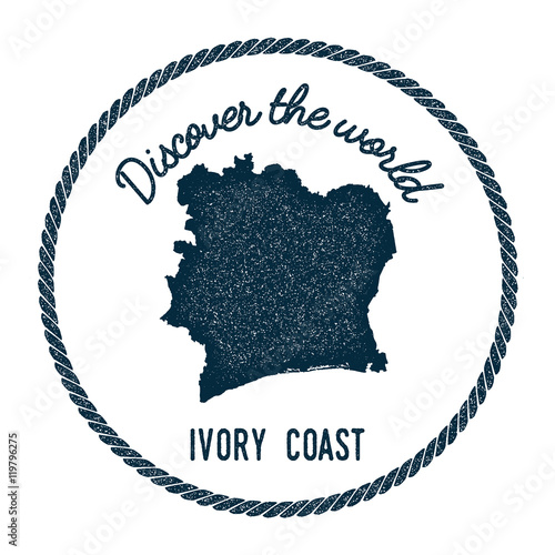 Vintage discover the world rubber stamp with Cote D'Ivoire map. Hipster style nautical postage stamp, with round rope border. Vector illustration.