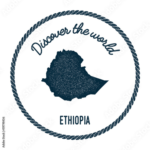 Vintage discover the world rubber stamp with Ethiopia map. Hipster style nautical postage stamp, with round rope border. Vector illustration.