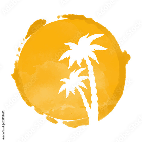 Watercolor corcle and coconut palm trees