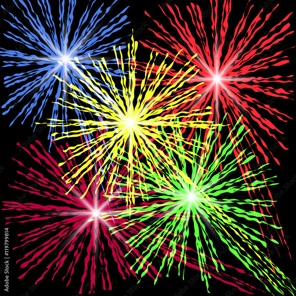 Festive patterned firework bursting in various shapes sparkling pictograms set against black background abstract isolated illustration Festive patterned firework bursting in various shapes sparkling pictograms set against black background abstract isolated illustration
