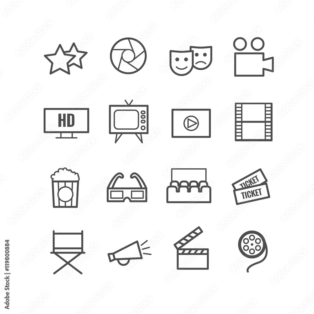 Set of 16 outline cinema icons. Thin icons for web and mobile apps Set of 16 outline cinema icons. Thin icons for web and mobile apps