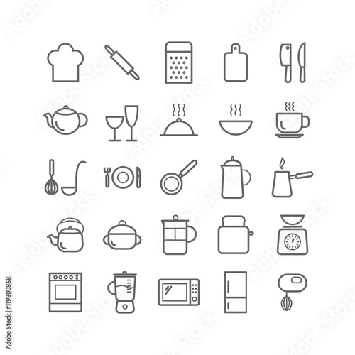 Collection of outline kitchen icons. Thin linear icons for web, print, mobile apps design