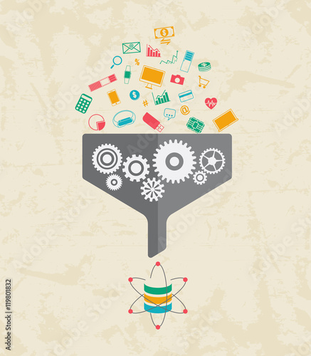 Big data and data science concept. Large data flow through filter with gear to merge, analyize and manipulate data information into database icon.