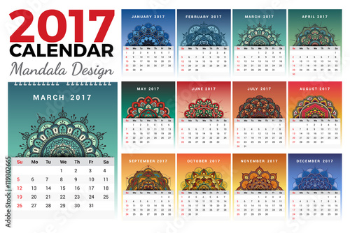 Printable monthly calendar 2017 design with colors of seasons and mehndi tattoo. 2017 wall calendar template start with Sunday and support for 8.5x11 inches. Vector illustration