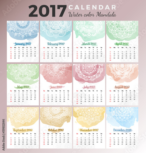Printable monthly calendar 2017 design with colors of seasons and mehndi tattoo on watercolor paint. Vector illustration