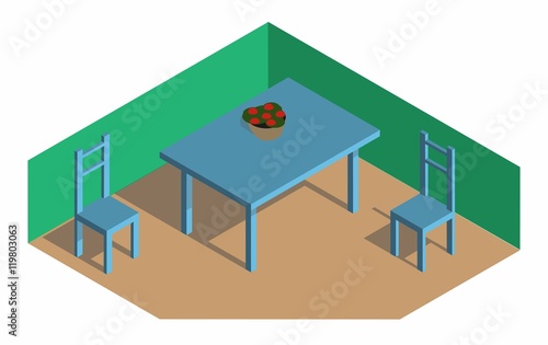 Isometric room dinner table, vector
