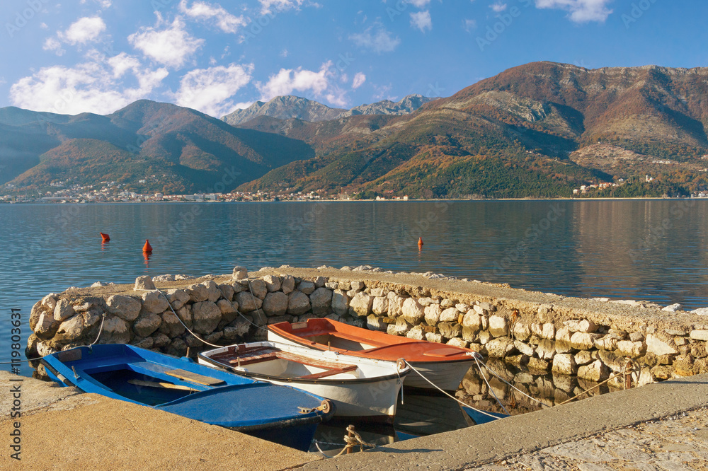 View of Bay of Kotor near Tivat city on a sunny winter day. Montenegro