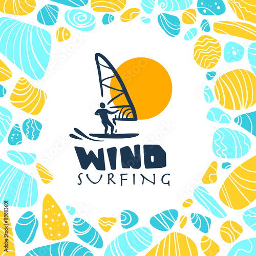 Vector flat water skiing logo illustration. Vintage, retro style. Surfer silhouette. Human figure. Extreme sport, summer resting. Summer banner, poster, placard, travel card design template.