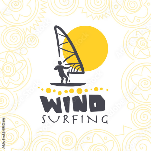 Vector flat water skiing logo illustration. Vintage, retro style. Surfer silhouette. Human figure. Extreme sport, summer resting. Summer banner, poster, placard, travel card design template.