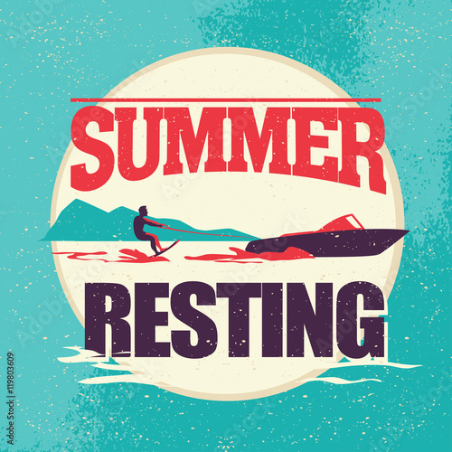 Vector flat water skiing logo illustration. Vintage, retro style. Surfer silhouette. Human figure. Extreme sport, summer resting. Summer banner, poster, placard, travel card design template.