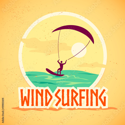 Vector flat water skiing logo illustration. Vintage, retro style. Surfer silhouette. Human figure. Extreme sport, summer resting. Summer banner, poster, placard, travel card design template.