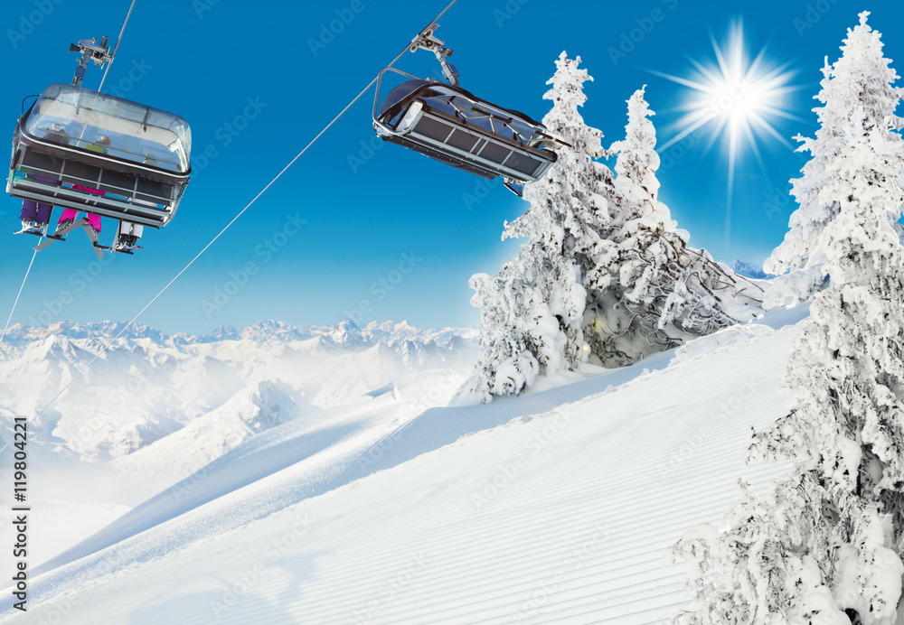 Chair lift in beautiful alpine landscape panorama Chair lift in beautiful alpine landscape panorama