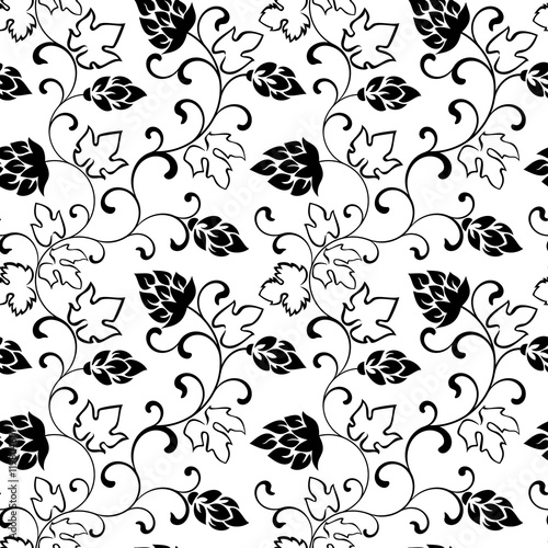Seamless pattern. Branches with hop cones on a white background