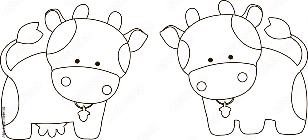 Line art of a cute cartoon cow and bull with a spots and bells, on a white  background Stock Vector | Adobe Stock