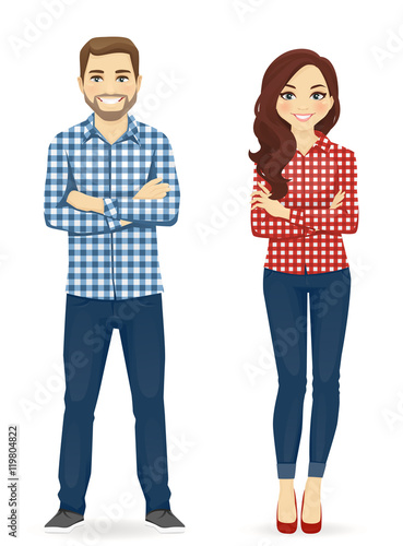 Young people in casual clothes. Cute man and girl isolated