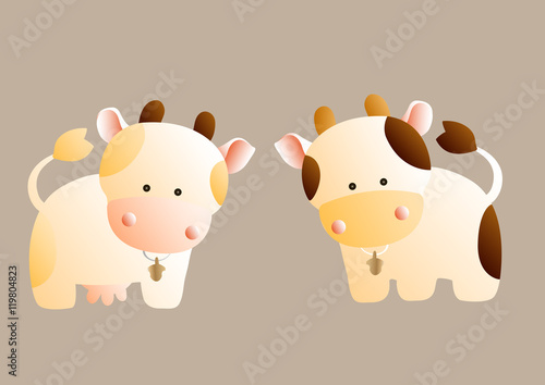 Cute cartoon cow and bull with a spots and bells, on a light brown background
