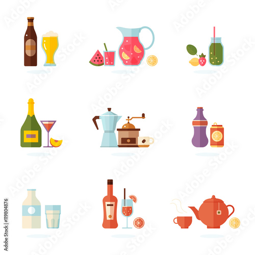 Drink icon set. Alcoholic and non-alcoholic beverages - tea  lemonade  smoothies  soda  coffee  cocktails  beer and so. Vector illustration  isolated on white...