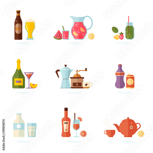 Drink icon set. Alcoholic and non-alcoholic beverages - tea, lemonade, smoothies, soda, coffee, cocktails, beer and so. Vector illustration, isolated on white...