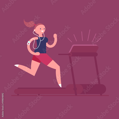 Young adult woman listening to music while running on a treadmill. Vector illustration