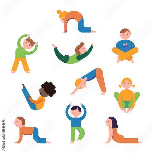 Yoga kids set. Gymnastics for children and healthy lifestyle. Balance poses vector Illustration.