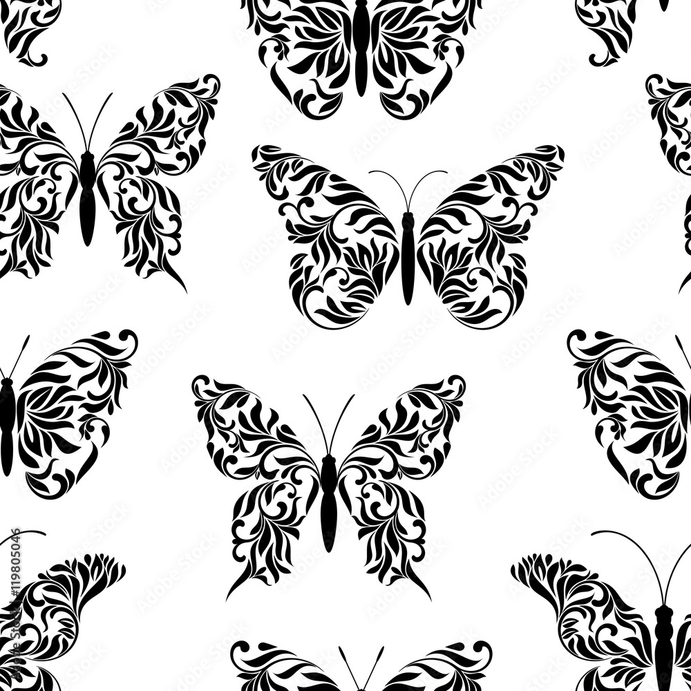 Seamless pattern with butterflies created from abstract floral tracery on a white background Seamless pattern with butterflies created from abstract floral tracery on a white background