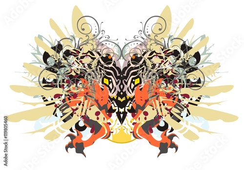 Grunge awful dragon. Stare of the attacking dragon with floral splashes, blood drops, eagle paws and orange wings