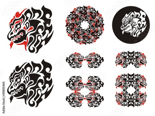 Fiery dragon head design. Haida dragon style tattoo, dragon frames and dragon circle